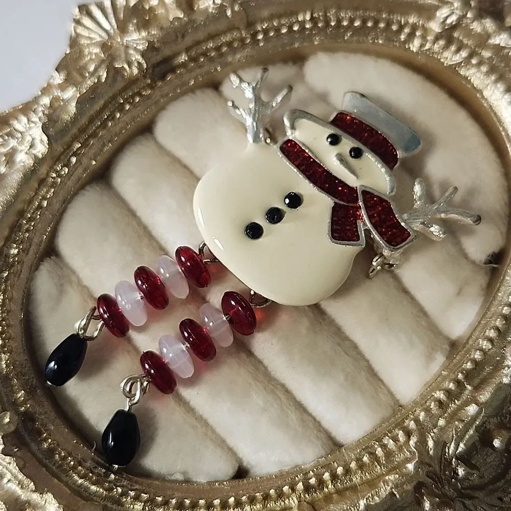 Vintage Christmas Snowman Enameled Brooch Dangle Beads Silver,Red ,White,Black,